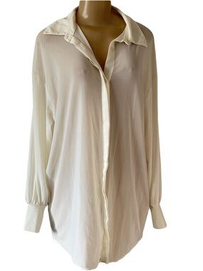 Meshki white mesh collared button up long sleeve sheer blouse XS